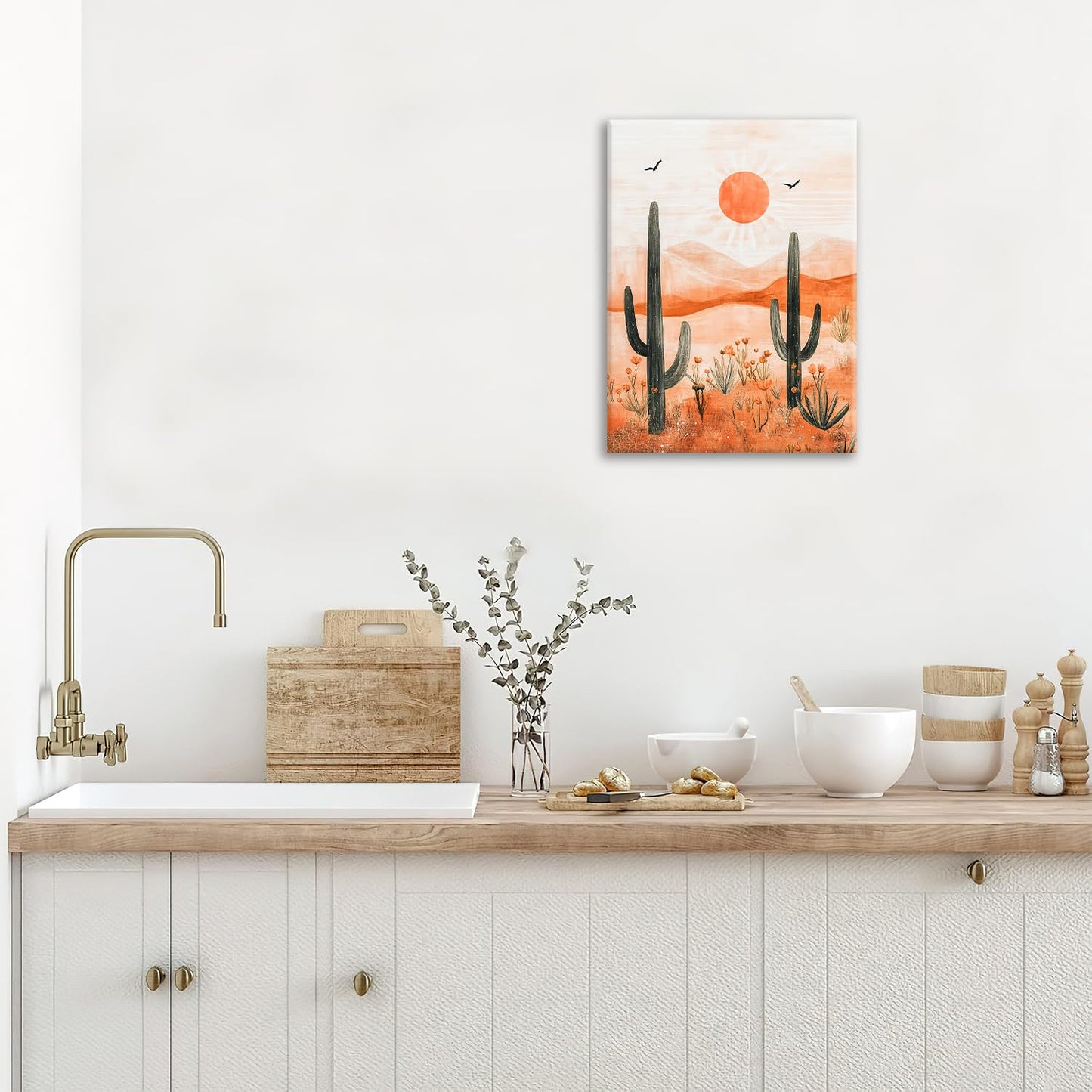 Cactus Desert Boho Canvas Wall Art for Bathroom Living Room Bedroom Office,Succulent Sunset Landscape Pictures Decor Painting Print Home Artwork Framed Decoration 12" x 16"