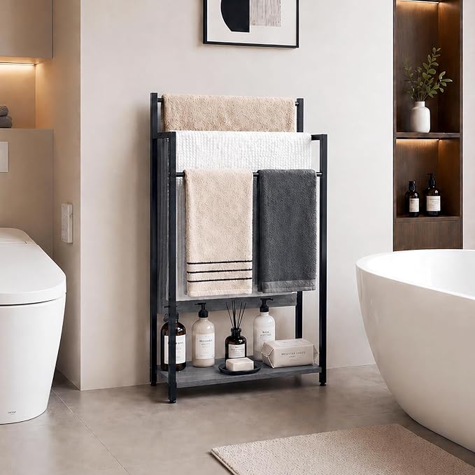 Freestanding Towel Rack, 3 Tier Blanket Ladder Stand with Oak Grey Wooden Shelf for Bathroom Living Room (31.5" H x 16.9" W x7.9 D)