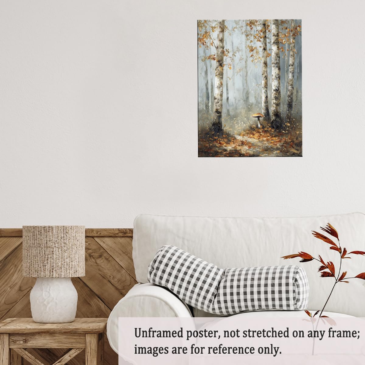 Birch Tree Forest Wall Art – Autumn Canvas Print with Mushroom and Misty Woodland Trail, Rustic Fall Nature Poster for Bedroom or Seasonal Wall Decor 12x16in Unframed