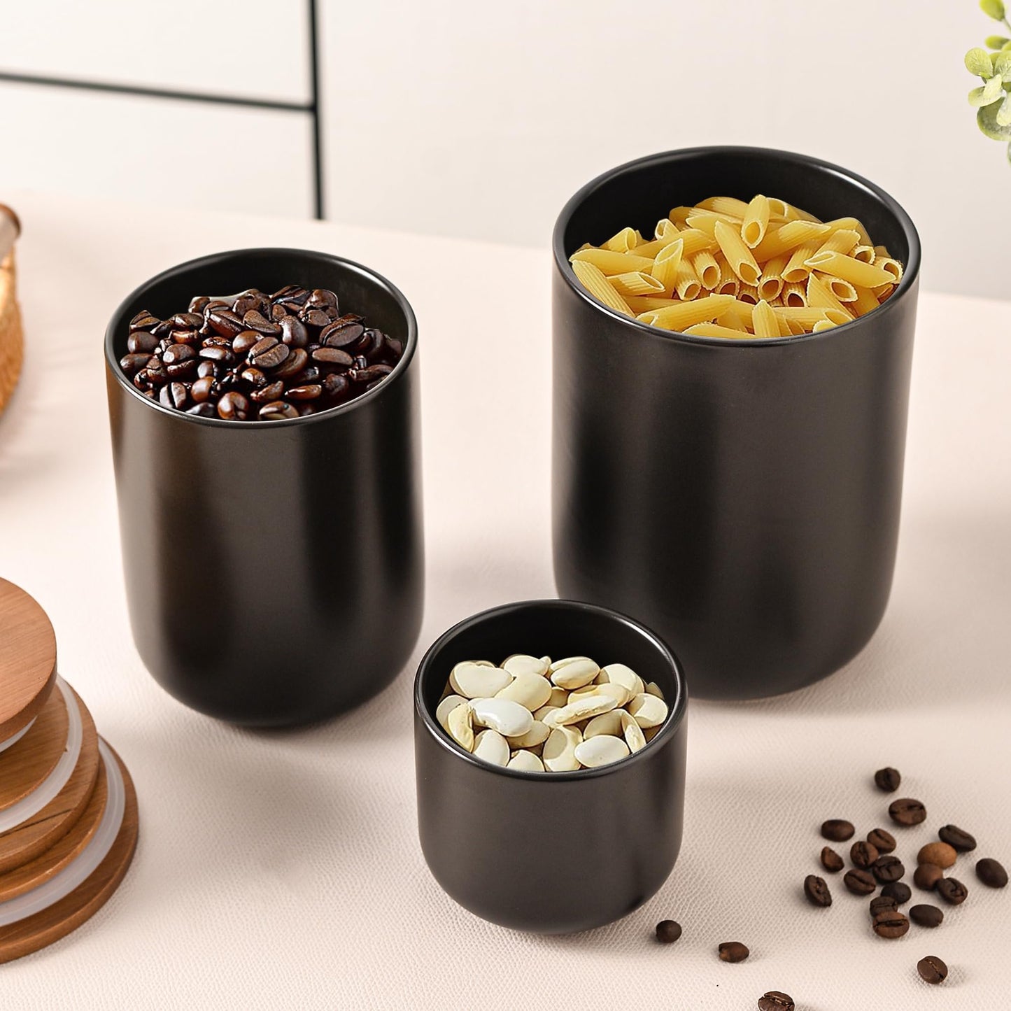 CoorFormer Black Ceramic Canister Set with Bamboo Lids, 3-Piece Airtight Food Storage Jars for Kitchen - Flour, Sugar, Coffee, Tea, Spice - Small, Medium, Large Sizes