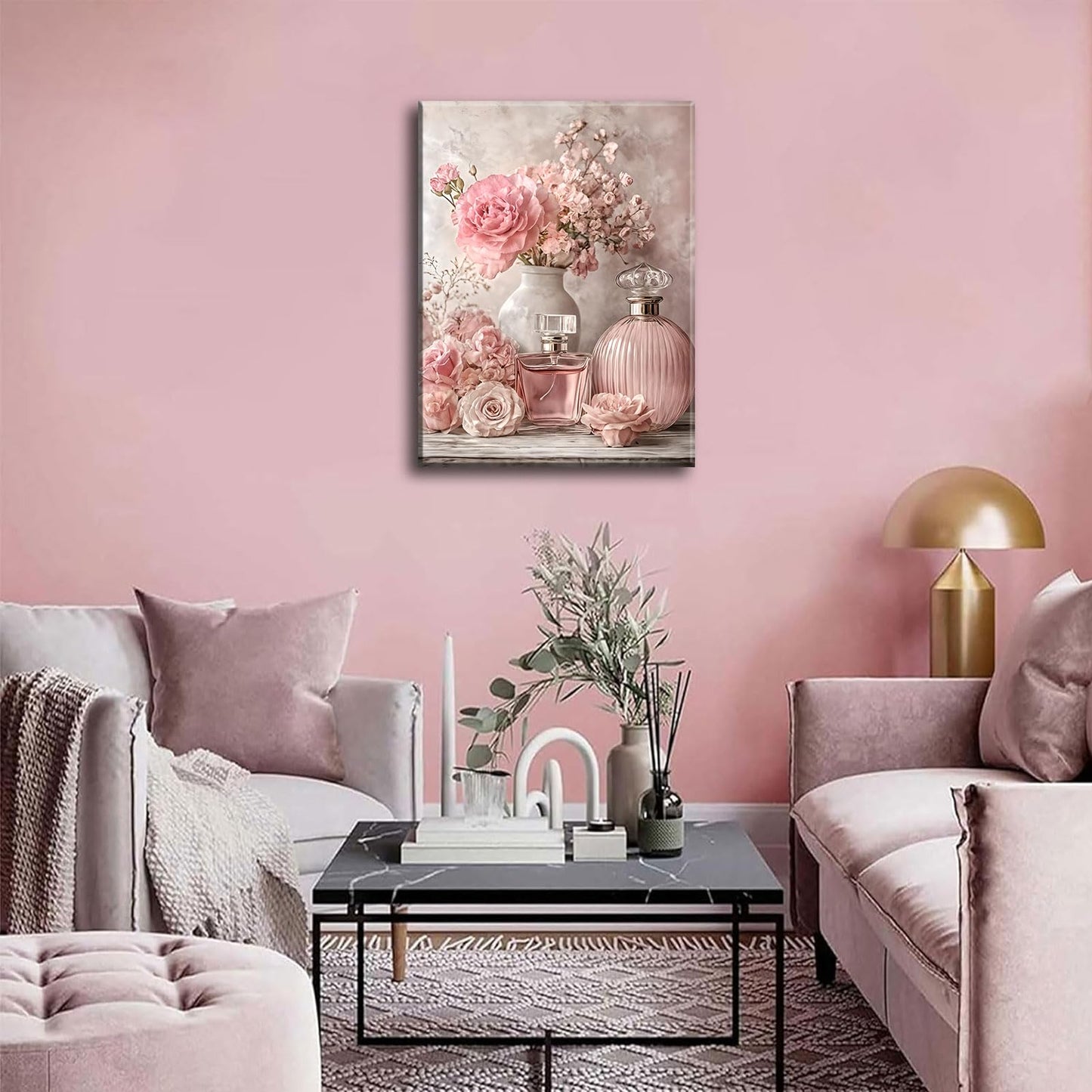 Pink Floral Canvas Wall Art Rose Flowers Plant painting Decor Picture Perfume Botanical Posters Prints for Living Room Dressing Preppy Apartment Valentine's Day Bedroom Corridor Home Decoration
