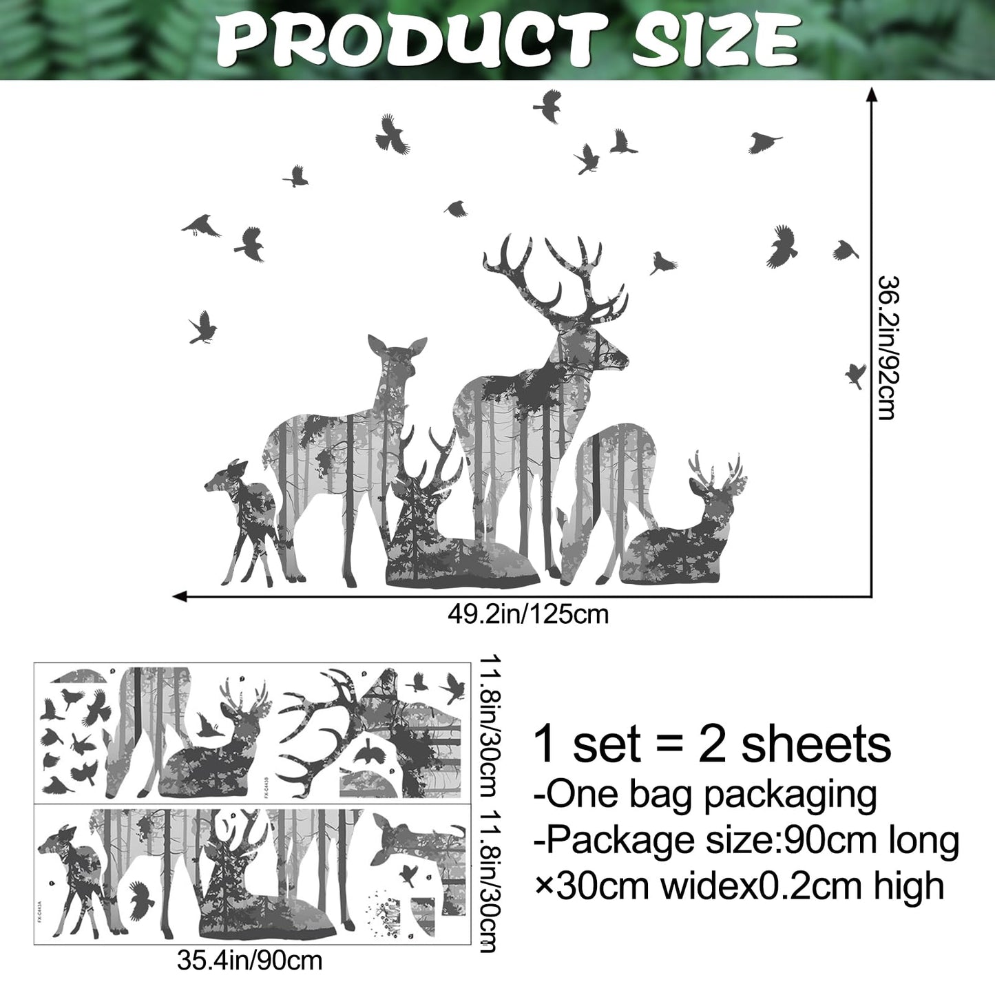 DRWSSR 2 Sheets Forests Silhouette Animals Wall Decals Removable Wild Elk Tree Wall Decals Peel and Stick Vinyl Birds Wall Art Decor for Children Nursery Bedroom Living Room Wall Corner Decor