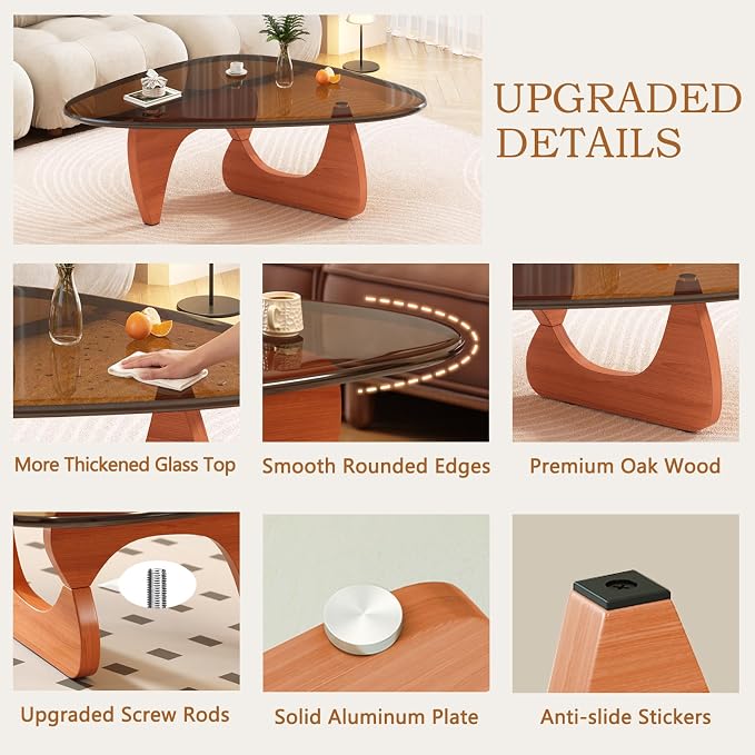 Coffee Table for Living Room Mid Century Modern Center Small Table with Glass Top and Wood, Walnut Brown(36 Inch)