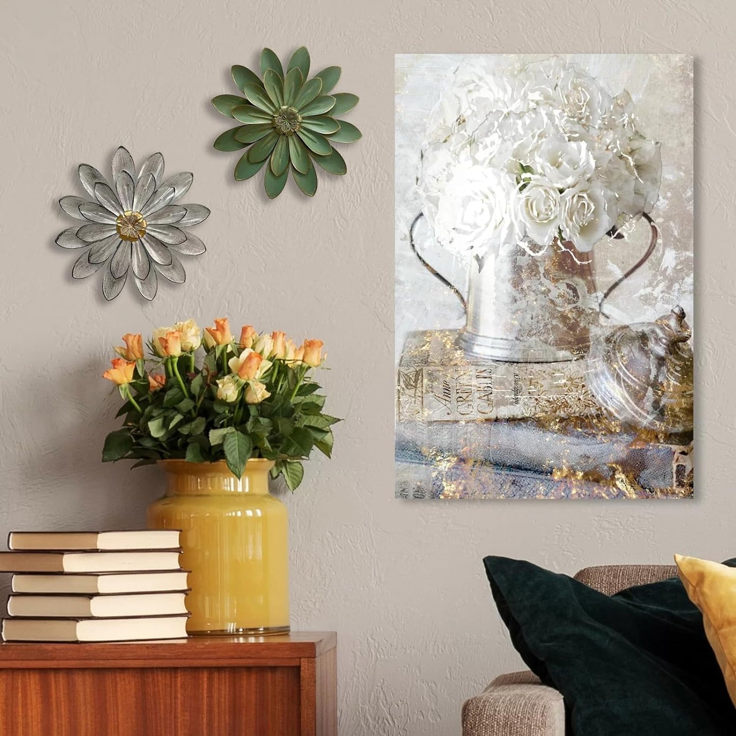 Novbvia Metal Flower Wall Sculpture, 12" Rustic Modern Floral Artwork, Distressed 3D Layered Iron Flower Wall Hanging Accent for Indoor/Outdoor, Kitchen,Living Room Office Garden Decor (Green)