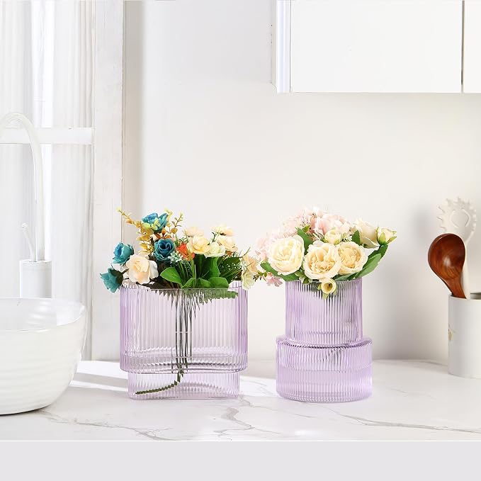 Purple Glass Vases, Set of 2 Ribbed Vases for Flowers, Purple Vase for Tulips, Modern Glass Vase for Living Room, Dining Table, Office, Entryway, Mantle, Bookshelf, Wedding Gifts