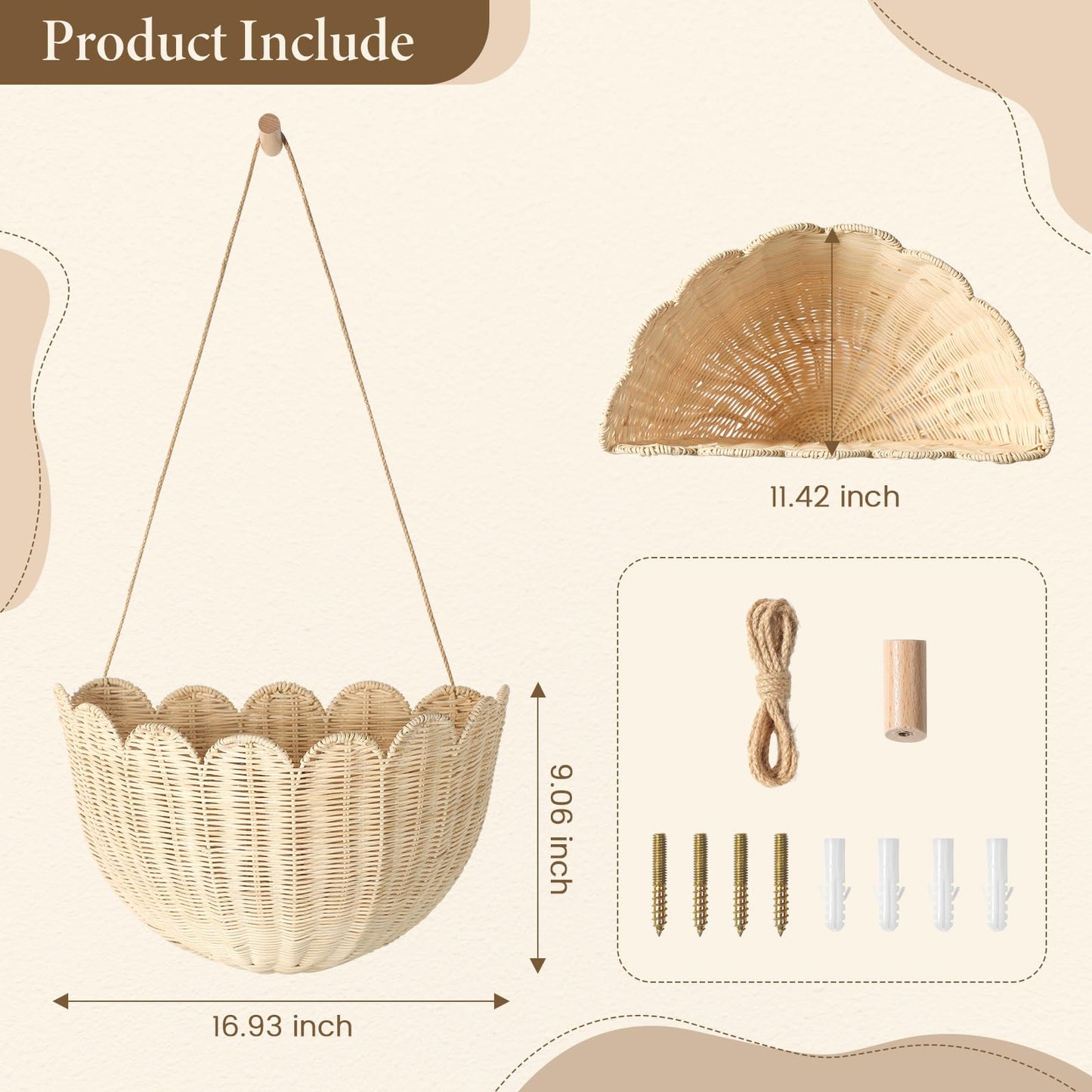 Natural Handwoven Scalloped Wall Basket Set of 2, Premium Rattan Wicker Wall Hanging Organizer for Boho Home Decor, Decorative Wall Storage for Bathroom, Entryway, Living Room & Craft Room