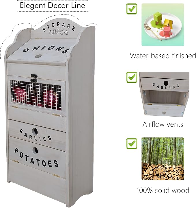 ARTAWEIN Pine Wood Veggie Bin for Potato, Onion and 1 Garlic Drawer Vegetable Box for Kitchen Storage, Solid Wood Vegetable Bin 13.77" L X 7.1" W X 29.3" H (Rustic White)