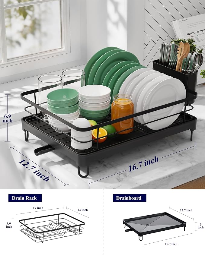 Kitsure Dish Drying Rack for Kitchen Counter, Stainless Steel Sink Organization and Storage Essentials with Cutlery Holder, Home and Appartment Decor, 12.7''W x 16.7''L, Black