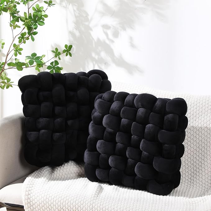 Wenqik 2 Pcs Knot Pillows Square Knotted Plush Throws Soft Accent Pillows Decoration Cushion for Couch Home Office Living Room Bedroom Bed Sofa Decor, 12'' x 13''(Black,Crystal Velvet)