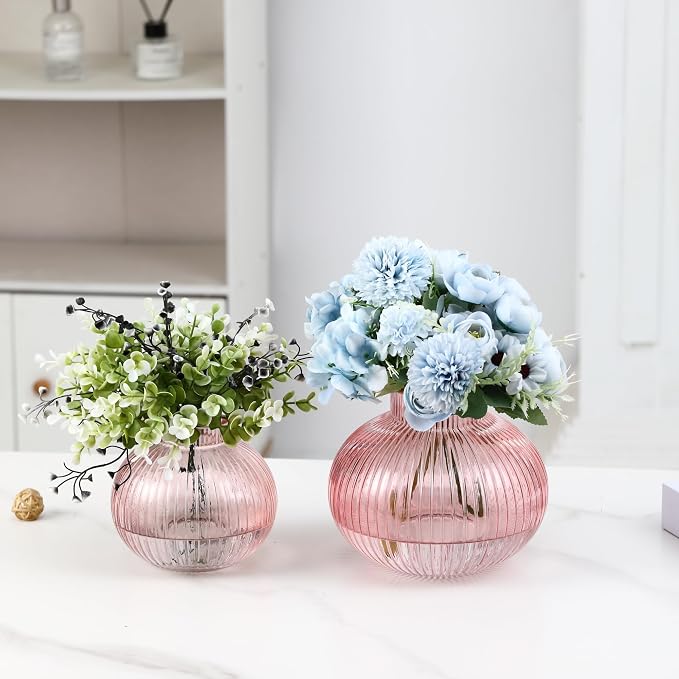 Pink Glass Vases for Tulips, Set of 2, Flower Vases for Bouquet, Ribbed Glass Vase for Flowers, Short Vase for Living Room, Office, Coffee Table, Shelf, Wedding