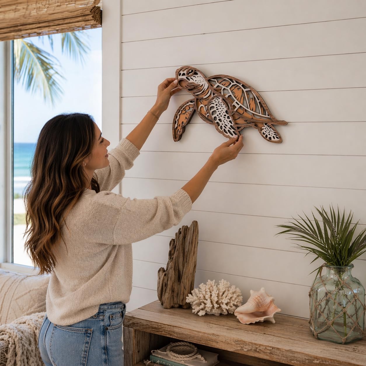 Fossil King Sea Turtle Wall Decor Large 15" – 3D Layered Wood Coastal Wall Art Beach House Ocean Decor