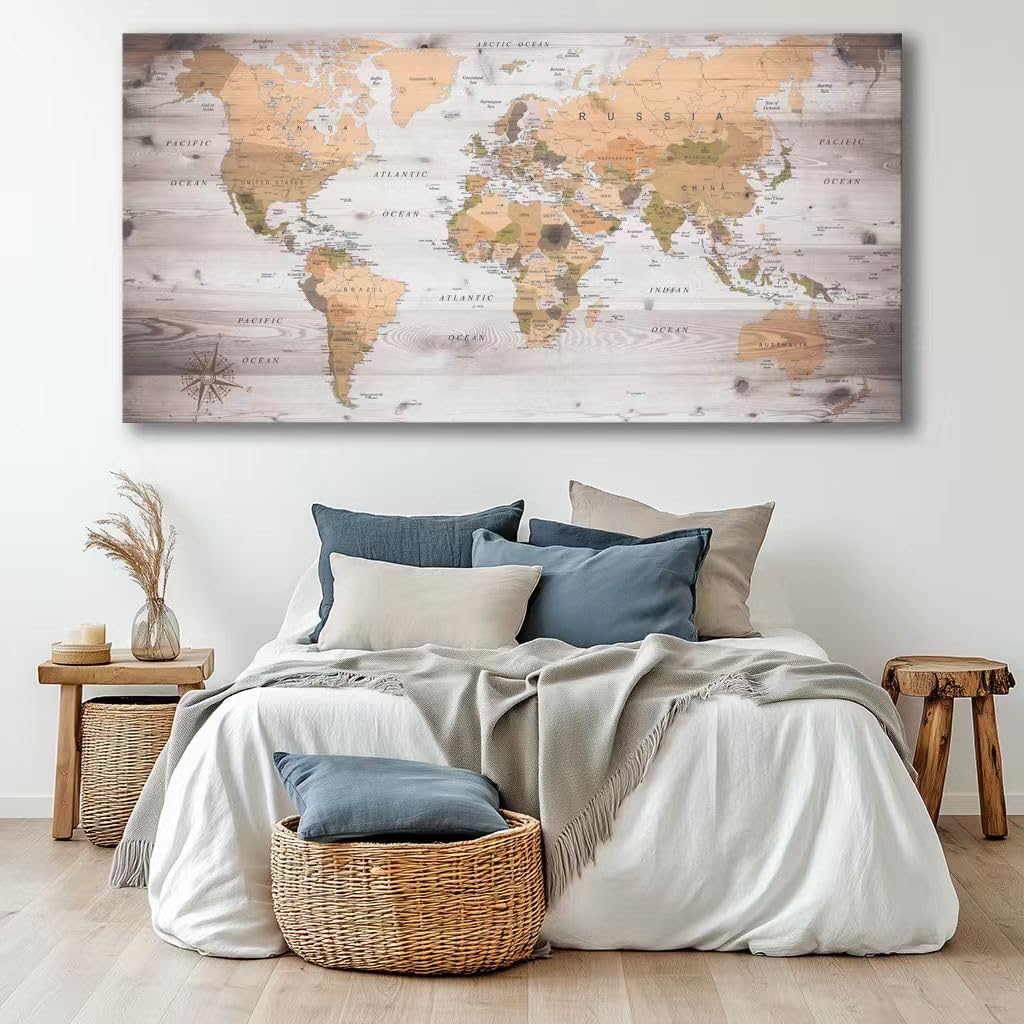 canvas Wall Art 20“x40 lagre map of the world Painting Ready to Hang Framed World Map Artwork Prints for Home