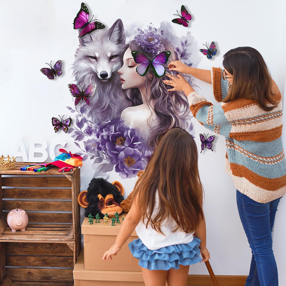 Siraveil Art Wolf Wall Stickers with Butterfly Flowers Fairy Wall Art Decals, 12 Butterflies PVC Decor for Nursery Living Room Bedroom Kids Room 23.6x11.8 Inch