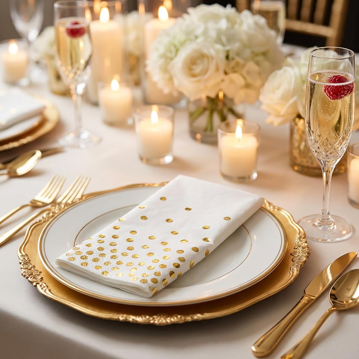 Yinbanban Stylish Paper Napkins 100 Packs,6.5" White Napkins with Gold Polka Dots Design,Great Cocktail Napkins,Dinner Napkins Disposable for Easter Wedding Birthday Party or Daily Use