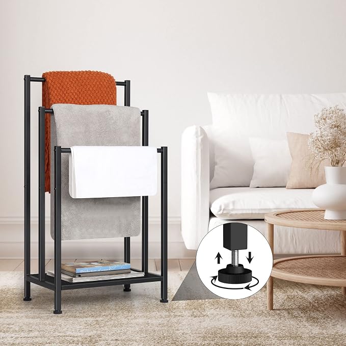 Freestanding Towel Rack for Bathroom, Black Standing Towel Rack Bath Towel Holder Stand Floor 3 Tier Blanket Rack Outdoor Towel Rack Standing Metal Blanket Ladders for The Living Room