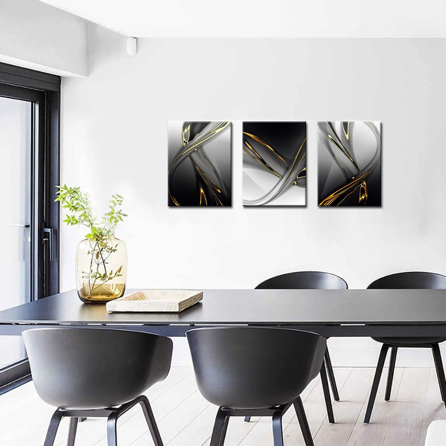Biuteawal 3 Piece Canvas Print Gold Modern Abstract Wall Art Decor Black and White Artwork Canvas Painting Prints Pictures Home Office Living Room Bedroom Decoration Gallery Wrap Ready to Hang