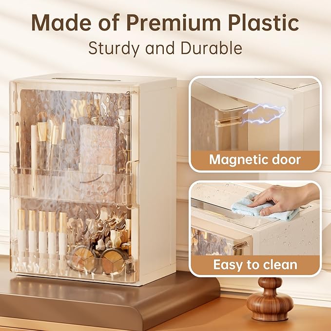 HAIXIN Makeup Organizer with Drawer & Brush Holder, Plastic Cosmetic Display Cases, Large Vanity Organizer Countertop Waterproof for Skincare, Perfume, Bathroom & Dresser (White & Amber)