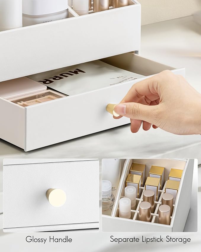 VLANDO Makeup Organzier,Vanity Organizer with Drawers, PU Leather Skincare Organizer Perfume Organizer,Large Cosmetic Display Case for Lipstick,Brushes Gifts for Women-White