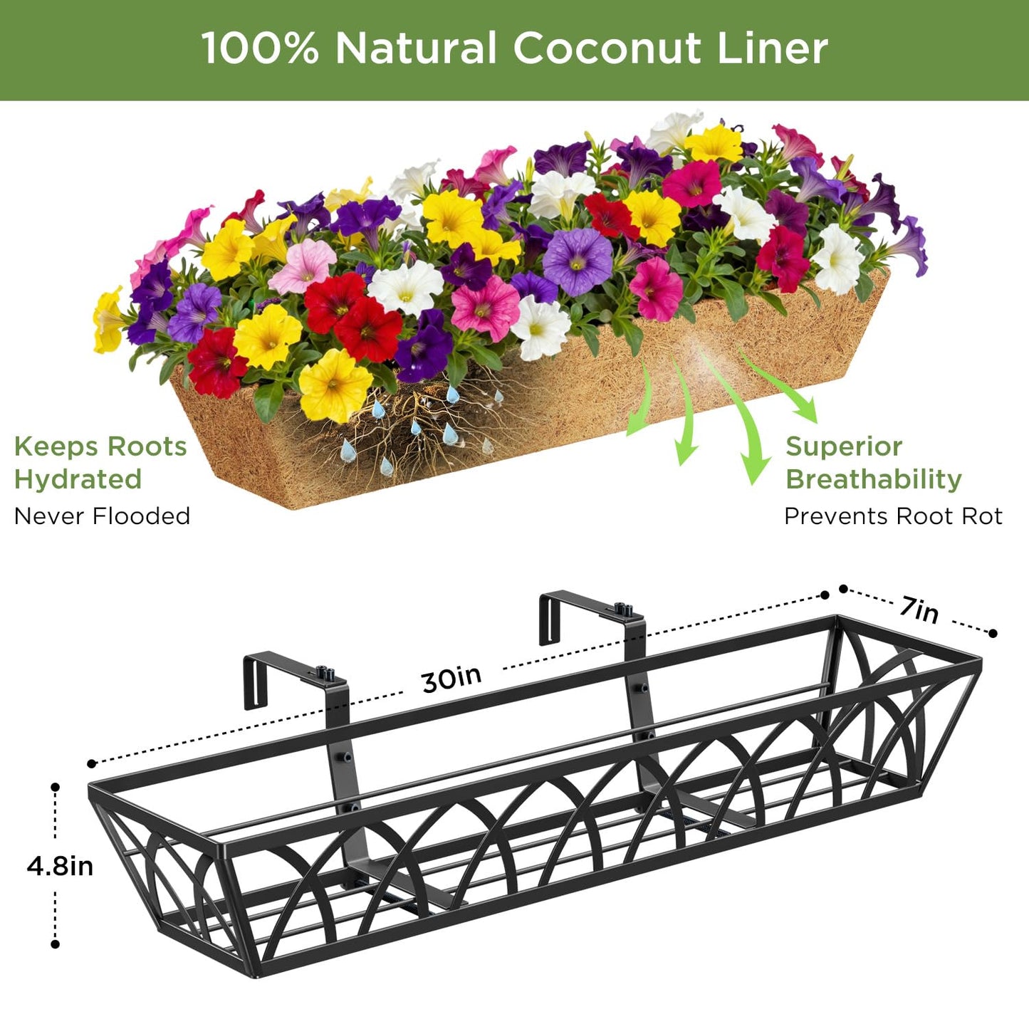 Y&M Railing Planter Boxes, Metal Hanging Balcony Planter, Adjustable Deck Railing Planter for Fence, Window Boxes Outdoor, Heavy Duty Flower Box for Porch Rail-30inch 4pcs