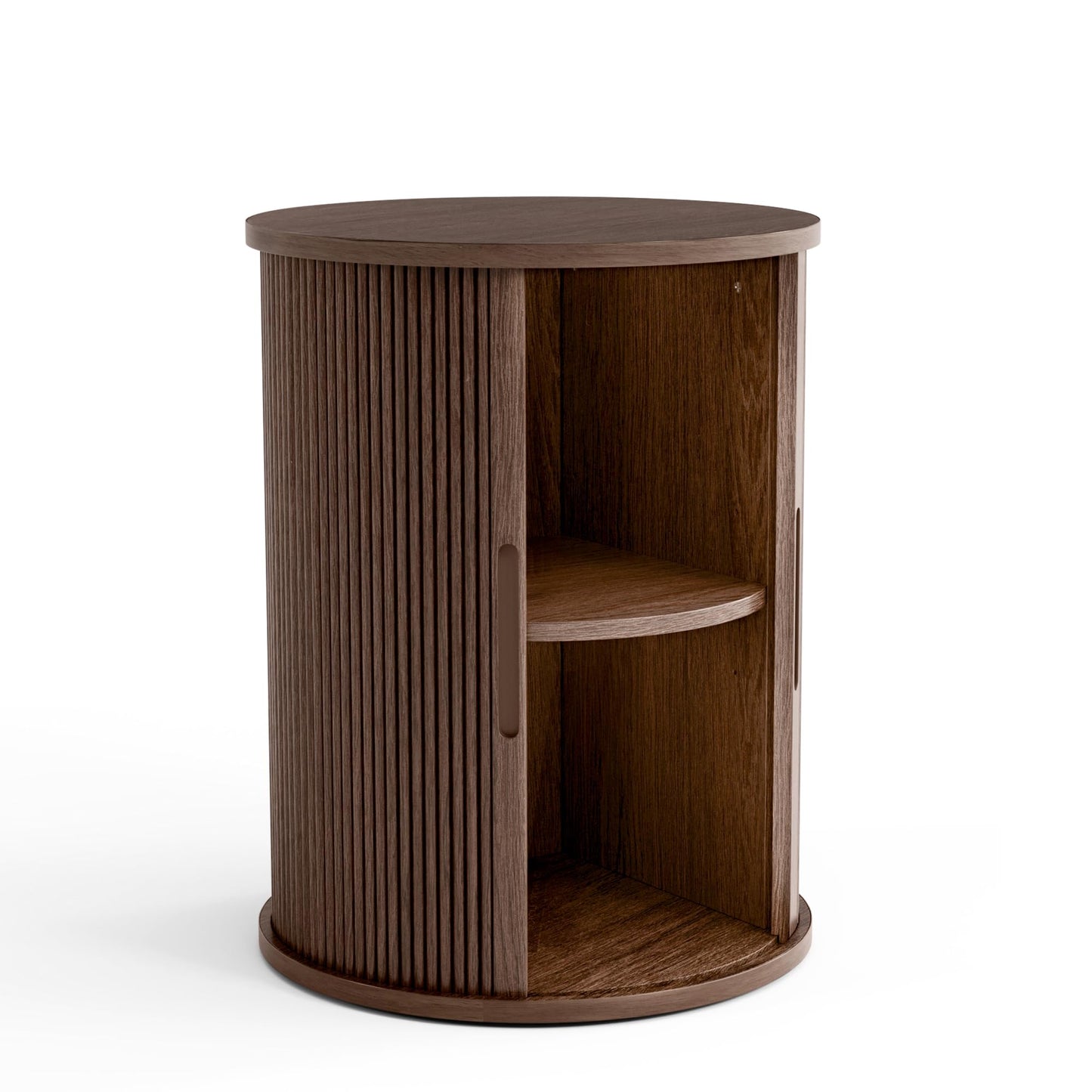 LINSY HOME Round End Table, Fluted Side Table with Sliding Tambour Door and Storage Shelf, Mid Century Modern Circular Nightstand for Bedroom, Wood Boho Tall Bedside Cabinet for Small Space, Walnut