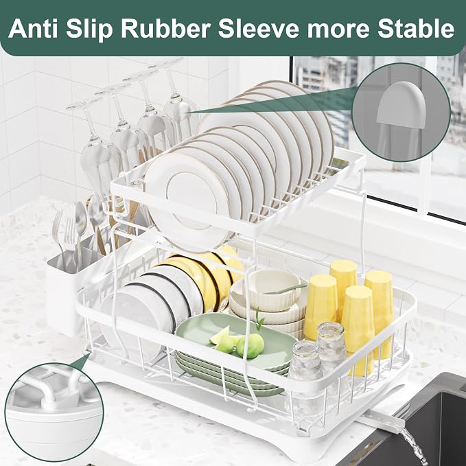 LIYI Dish Drying Rack,Large Dish Rack for Kitchen Counter,2-Tier Dish Racks with draining Tray,Detachable Capacity Dish Drainer Organizer,White