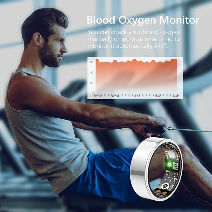 Ring Health Tracker for Women Men, Fit Ring with Heart Rate, Blood Oxygen, Sleep Monitor, Calories, Step Counter, IP68 Waterproof Smart Ring for iPhone & Android, No Subscription Fee (Silver, 8#)