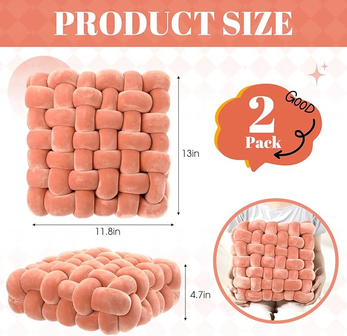 Wenqik 2 Pcs Knot Pillows Square Knotted Plush Throws Soft Accent Pillows Decoration Cushion for Couch Home Office Living Room Bedroom Bed Sofa Decor, 12'' x 13''(Coral Red,Crystal Velvet)