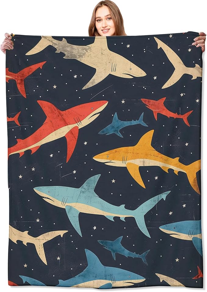 Shark Blanket Vibrant Sharks Dark Throw Blankets,Birthday Gifts for Girls Boys Women & Ocean Lovers,Lightweight Soft Fleece,for Sofa Couch Bed Room Sea Life Decor 50x60in