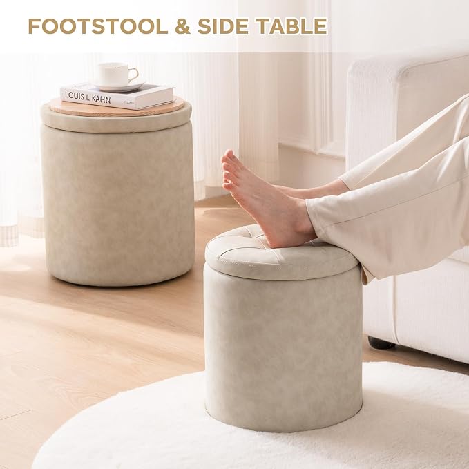 oakvivo Faux Leather Round Ottoman with Storage 12.6" W x 14.17" H & 14.76" W x 17.32" H Set of 2, Small Boucle Coffee Table Footstool with Removable Lid for Living Room, Bedroom, Beige