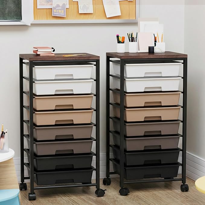 Rolling Cart with 8 Drawers, Storage Drawers Cart with Wooden Tabletop and Lockable Wheels, Craft Storage for Living Room, Office, Classroom, Craft Room, Bedroom (Brown)