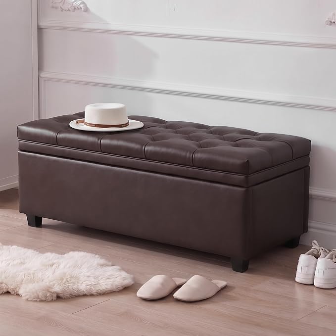 Mangodan 43" Storage Ottoman Bench, Tufted Ottoman with Storage for Living Room, Large End of Bed Ottomans, Modern Entryway Benchs, Window & Bedroom Benches for Foot of Bed (Faux Leather Dark Brown)