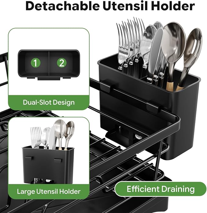 Simple Trending Dish Drying Rack, Stainless Steel Dish Rack for Kitchen Counter, Space-Saving Dish Drainer with Utensil Holder and Drainboard, 12''W x 17''L, Black