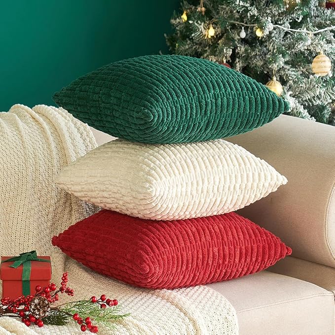 MIULEE Pack of 4 Corduroy Decorative Throw Pillow Covers 18x18 Inch Soft Boho Striped Pillow Covers Modern Farmhouse Home Decor for Sofa Living Room Couch Bed Cream White