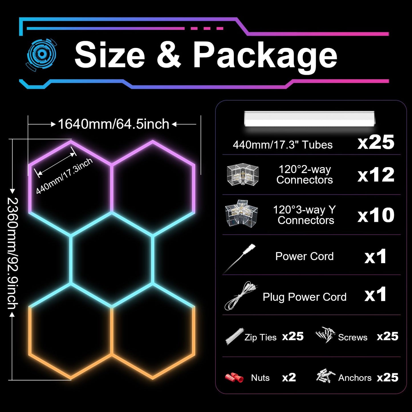 Hexagon LED Lights RGB，Hexagon Garage Lights Color Changing, Dimmable Linkable DIY with Music Sync, Adjustable Speed Hex Lighting for Gaming Room, Bar Club, Home Party, Gym (5 hex)