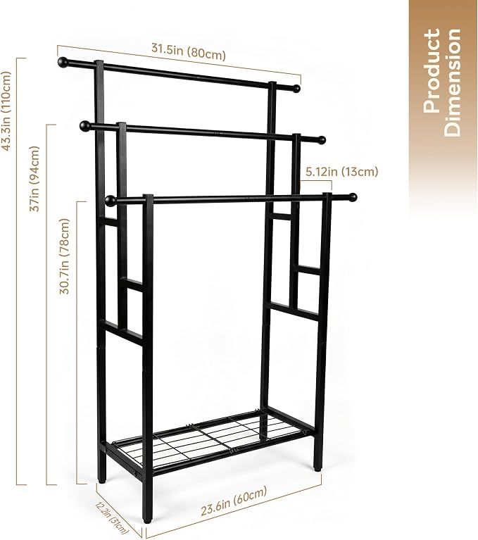 Free Standing Towel Rack, 3 Tiers Oversized Metal Ladder Holder with Storage Shelf, Black, for Bathroom Bedroom Living Room