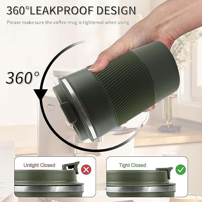 YINBAOGE Insulated Travel Coffee Mug, Spill & Leak Proof, Portable To Go Camping Stainless Steel Coffee Tumbler, Reusable Thermal Coffee Cup with Lid for Hot & Cold Drinks (Green, 12 OZ)