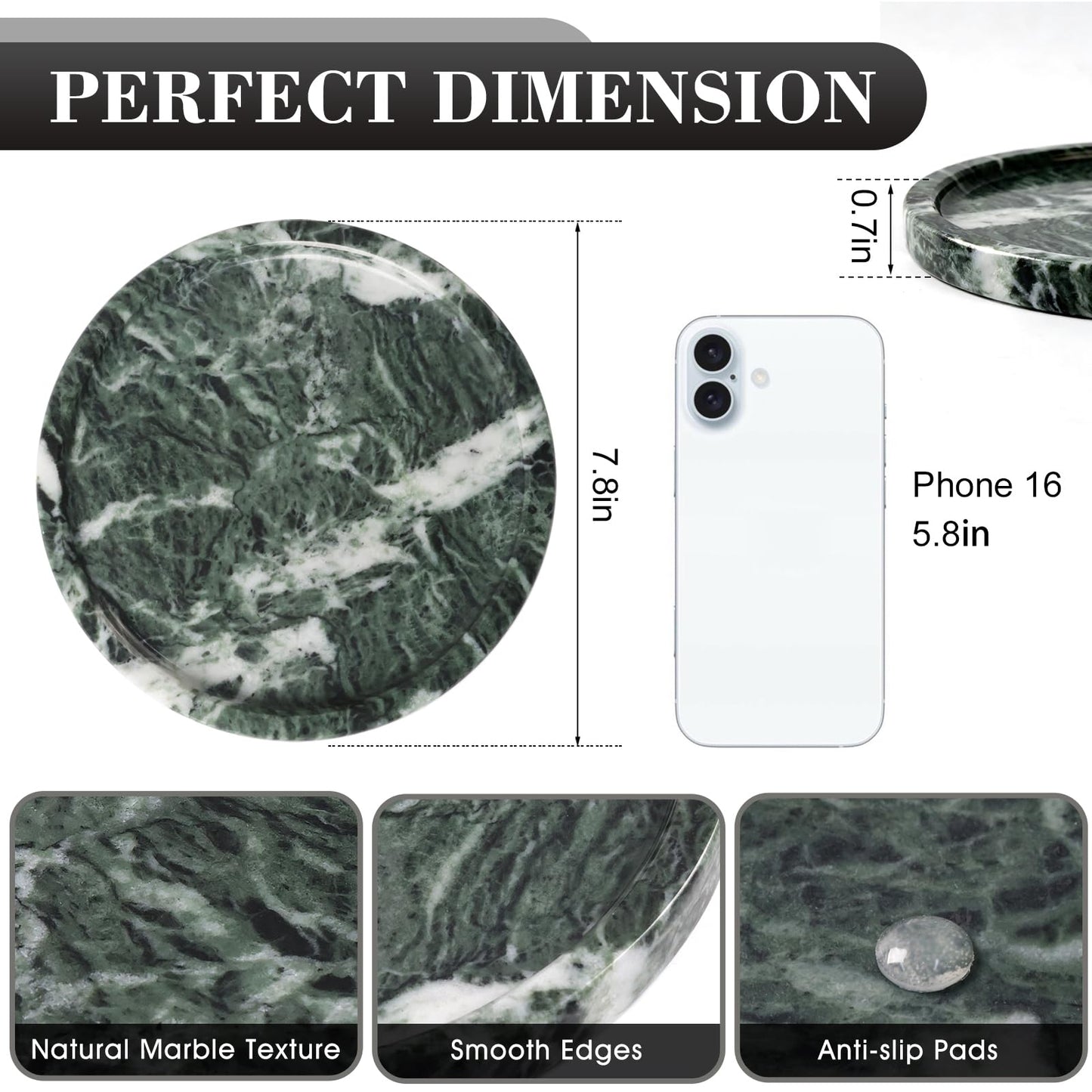 Woduelka Natural Round Marble Tray - 7.8" Marble Vanity Tray for Dresser, Bathroom, Decorative Jewelry Dish for Perfumes Rings Earrings Necklaces, Stone Tray for Home Décor, Green