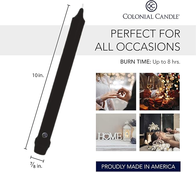 Colonial Candle Unscented Taper Candle, Classic Collection, Black, 10 in, Pack of 12 - Up to 8 Hours Burn
