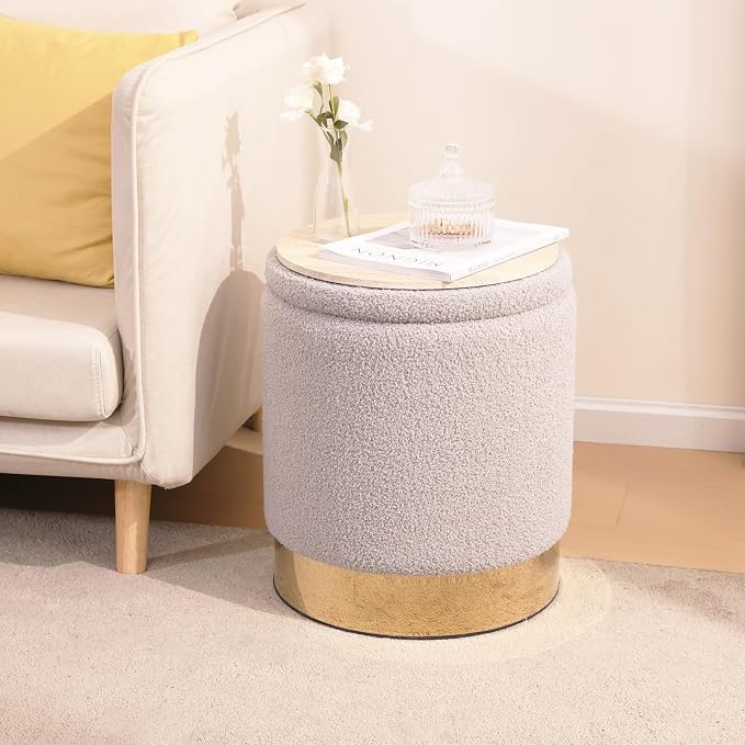 YYW HOME Sherpa Round Ottoman Set of 2 with Storage, 12 Gallon Hidden Storage Ottoman, Multi-Functional Footrest Stool, Vanity Seat, Coffee Table, No Assembly Required, Holds 300lbs (Gray)