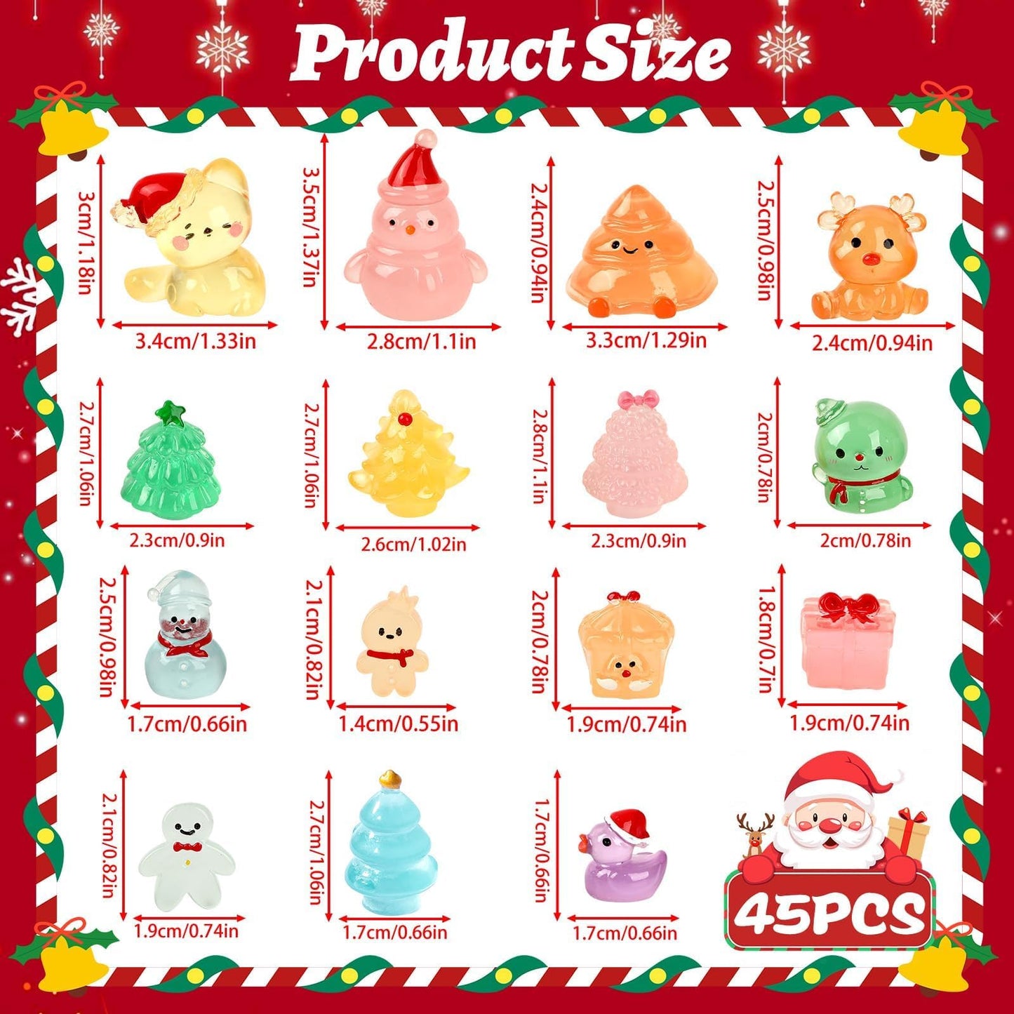 Jansun Mini Christmas Luminous Figurines, 45pcs Christmas Resin Snowman Christmas Tree Gift Box Gingerbread Man Glow in The Dark Decorations for DIY Crafts Xmas Party Gifts Garden Dollhouse Decor