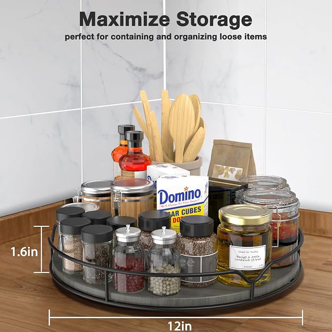 Lazy Susan Turntable Organizer with Anti-Slip Mat for Cabinet Pantry Kitchen Countertop Refrigerator Office, Pine Wood, 12", Grey…