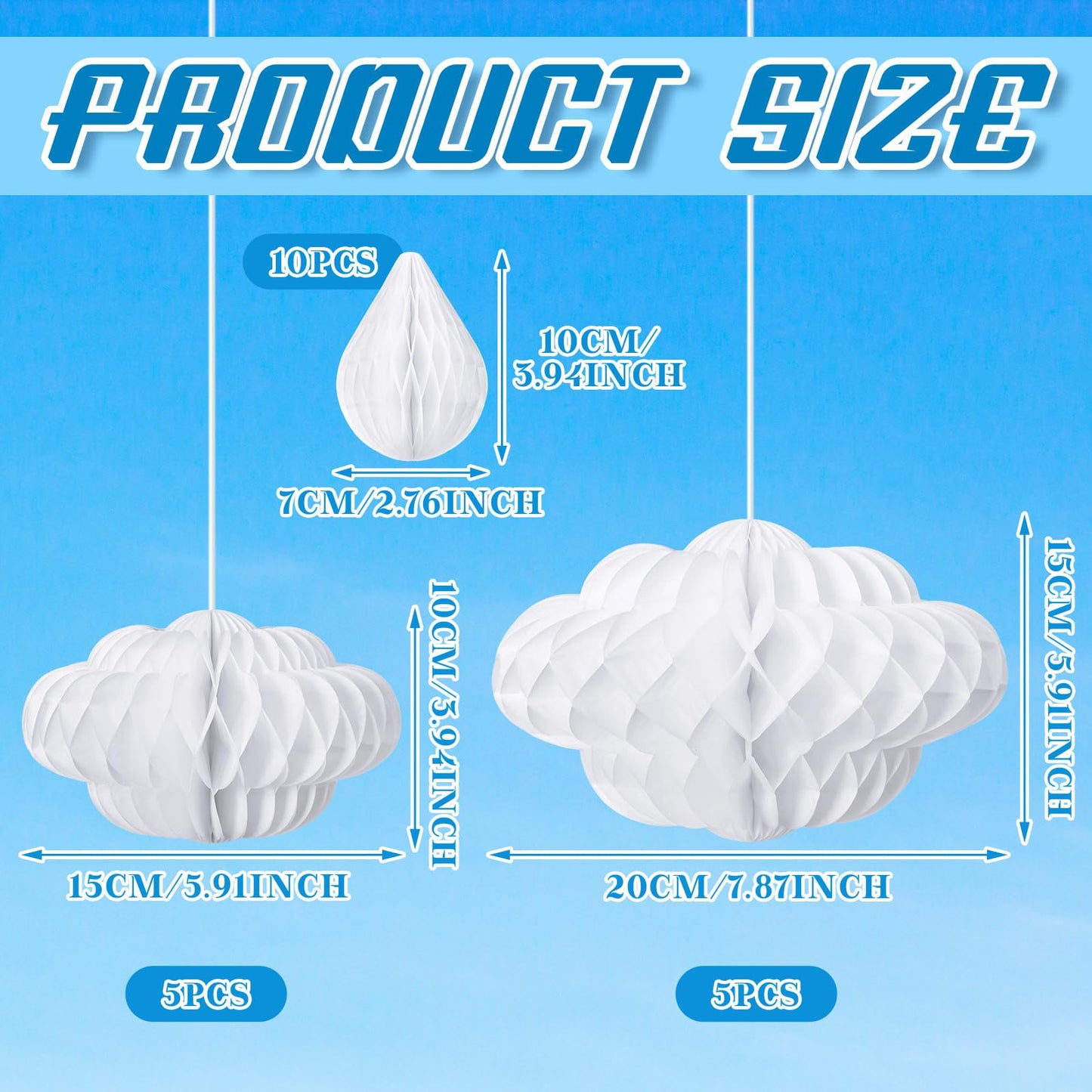 Affrolling 20 Pcs 3D Cloud Decorations Raindrop Decorations Hanging Honeycomb Decor Artificial Fake Cloud Ornaments for Ceiling Birthday Nursery Room Baby Shower Party Decor