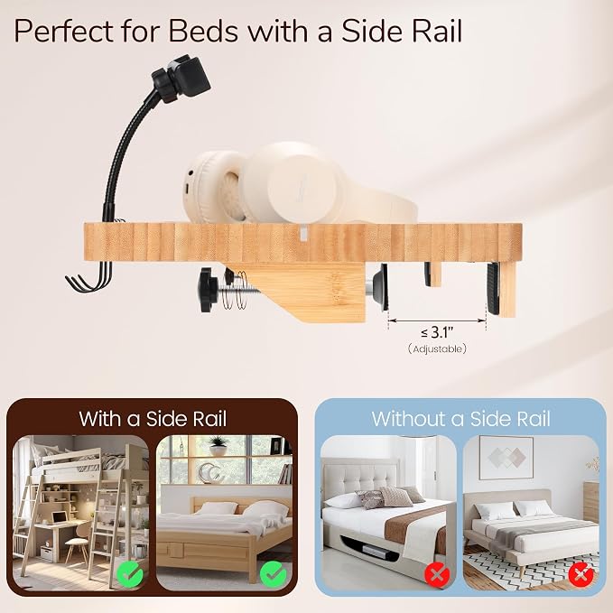 Bedside Shelf for Dorm Bed & Top Bunk, Bamboo Bed Side Table Tray with Cup Phone Holder & Hooks, Bedside Caddy, Clip on Nightstand Bedside Storage College Dorm Room Essentials (Bamboo-1)