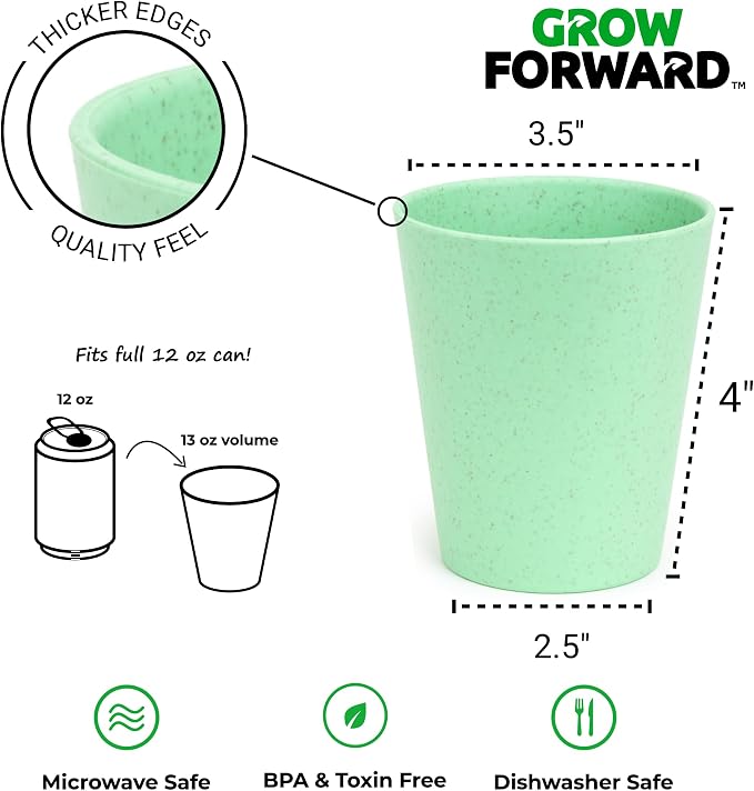 Grow Forward Premium Plastic Kids Cups - 13 oz Unbreakable Wheat Straw Cups for Kids - Non Toxic BPA Free Drinking Glasses for Water, Smoothie - Small Dishwasher Safe Kitchen Tumblers - Rainforest
