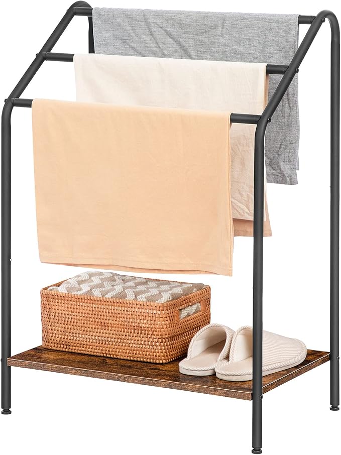 HOOBRO Freestanding Towel-Rack for Bathroom, 3 Tier Blanket Rack for Living Room, 23.6" L x 14.2" W x 33.9" H, Quilt Blanket Ladder Holder, Drying and Display Rack, Rustic Brown and Black BF63LB01