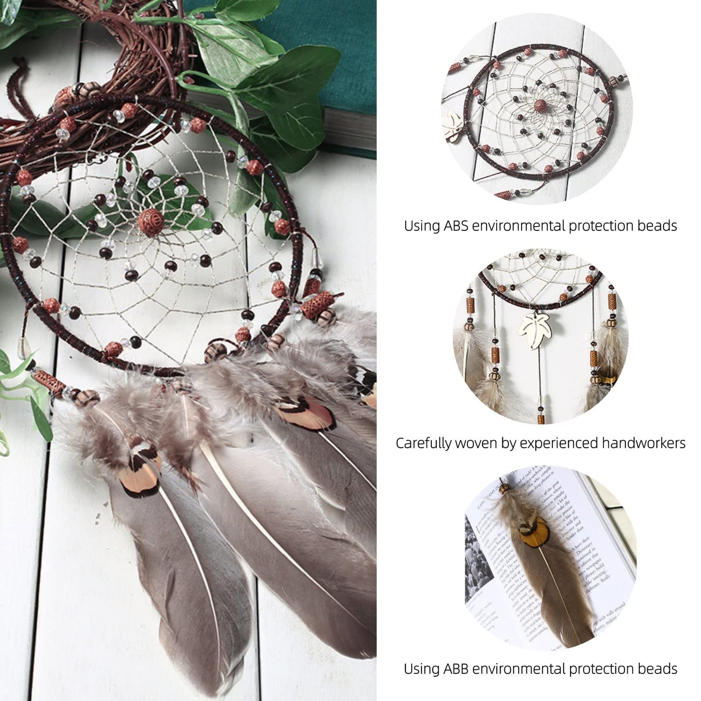SMANSNAY Dream Catchers Wall Decor, Pure Hand-Woven Dream Catcher Brown Feather Dream Catchers for Boys Girls Bedroom Decoration, Wedding Blessing Gift 25.6" Length (Brown)