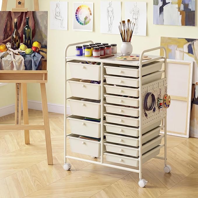 GOFLAME 15-Drawer Rolling Storage Cart with Pegboard, Craft Storage Cart with Lockable Wheels and Metal Frame, Art Cart Supply Storage Organizer for Home Office Classroom, White
