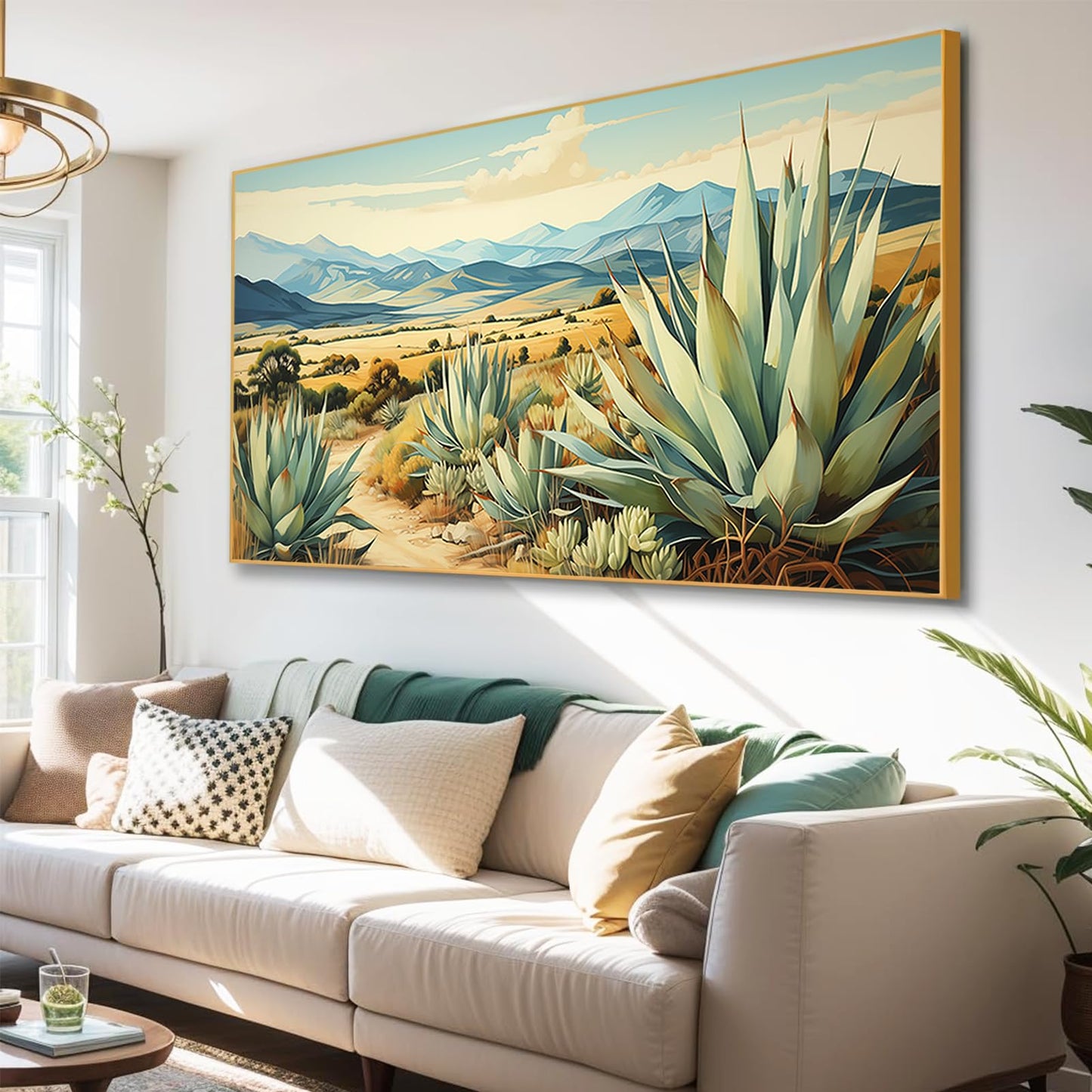 Desert Canvas Wall Art, Agave Desert Canvas Wall Art, Cactus Desert Canvas Wall Art, Desert Paintings on Canvas, Desert Wall Art, Desert Landscape Wall Art, Cactus Wall Art, Desert Southwest Decor (Gold Framed, 47"x 23"| 120x60cm )