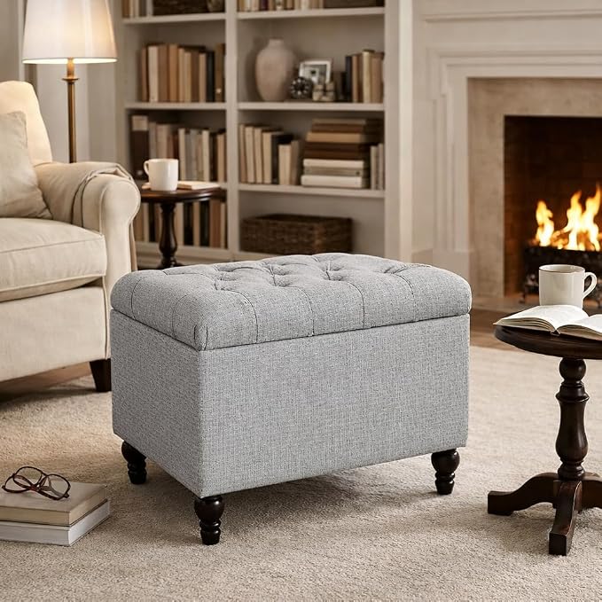 Spatial Order Home Decor | Upholstered Button Tufted Storage Ottoman | Hinged Lid Ottoman with Storage for Living Room & Bedroom | Decorative Home Furniture (Pewter Gray)
