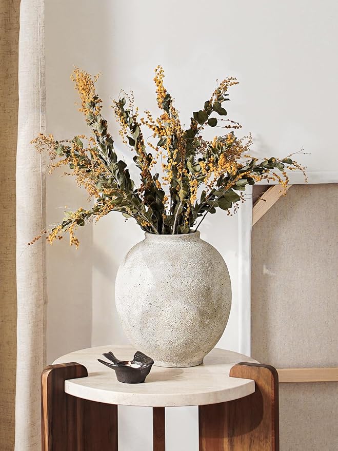 Large White Ceramic Vase - 9.8 Inch Rustic Farmhouse Flower Vase for Home Decor, Minimalist Tall Vases for Living Room, Table, Bathroom, Holiday & Weddings (Sandstone Yellow)